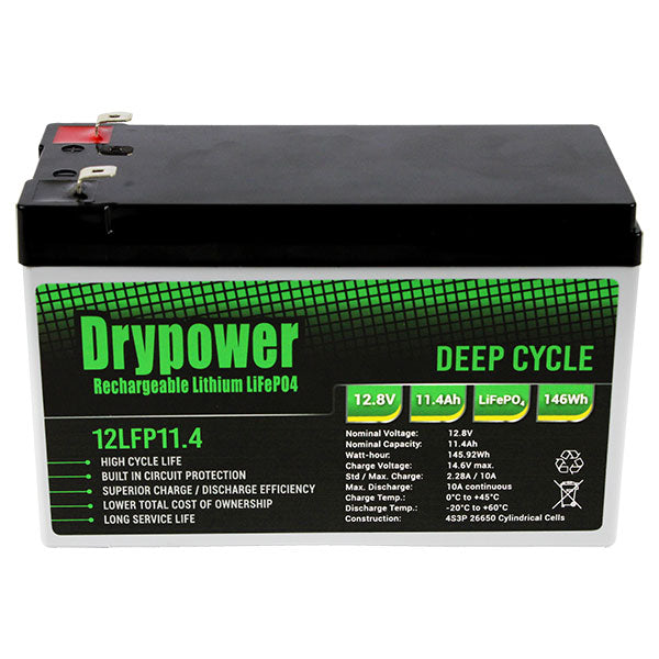 DryPower High Power 12.8v 11.4ah Lithium Iron Phosphate (Lifepo4) Rechargeable Battery 12LFP11.4