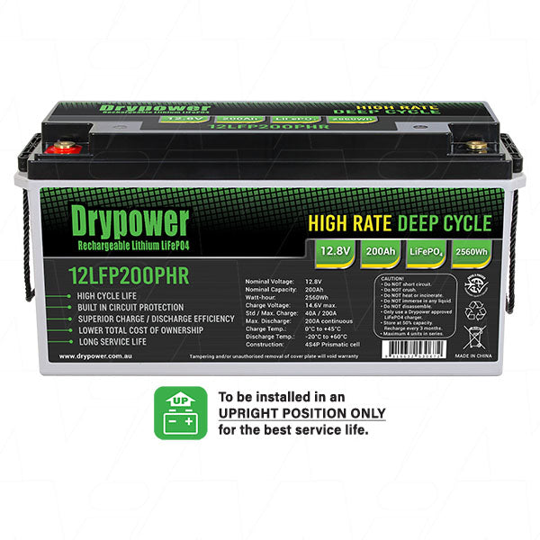 DryPower High Rate 12.8v 200ah Lithium Iron Phosphate (Lifepo4) Rechargeable Battery 12LFP200PHR