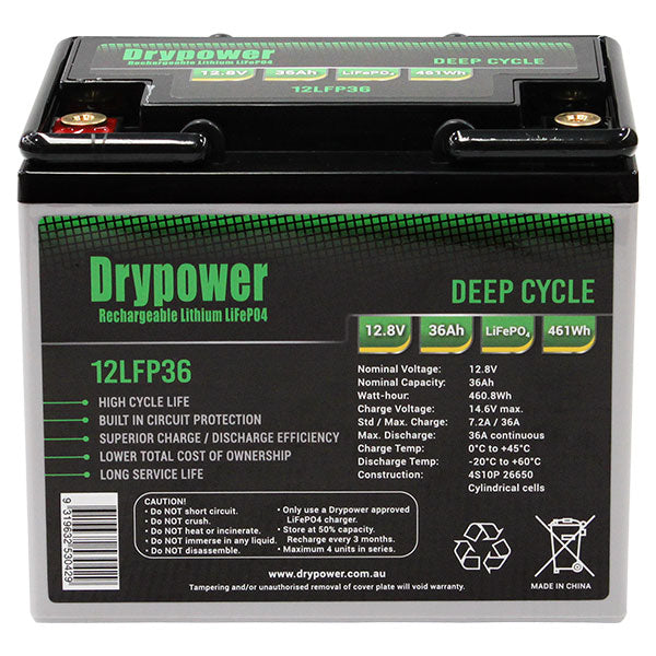 DryPower High Power 12.8V 36AH Lithium Iron Phosphate (Lifepo4) Rechargeable Battery 12LFP36