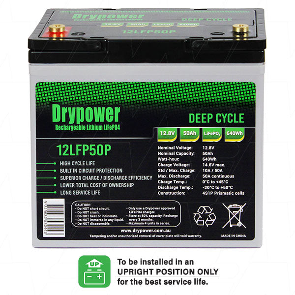 DryPower High Power 12.8V 50AH Lithium Iron Phosphate (LiFePO4) Rechargeable Battery 12LFP50P