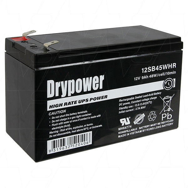 DryPower 12V 9AH 48W/Cell (10min) Sealed Lead Acid High Rate Battery For Standby And UPS 12SB45WHR