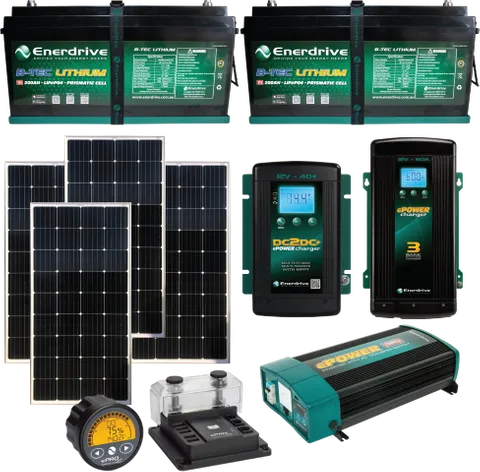 Enerdrive 2 x 200Ah B-TEC inc 720W Solar, DC40, AC60, ePRO+ & 2000X TIAV K-400-17