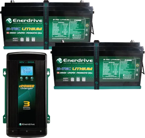 Enerdrive 2 x 200Ah B-TEC Bundle inc AC60 Charger K-400-07