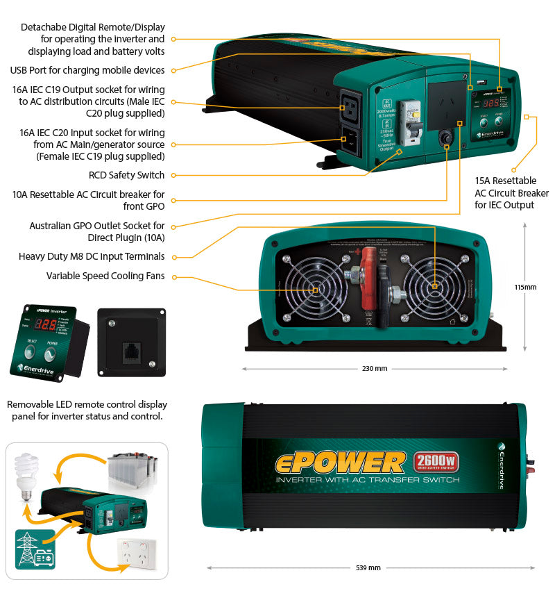 Enerdrive EN1226S-X ePOWER 2600W 12V True Sine Wave Inverter with AC Transfer & Safety Switch