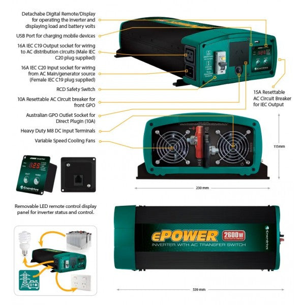 Enerdrive EN1120S-X-24-KIT ePOWER 2000W 24V Pure Sine Wave Inverter and RCD & AC Transfer Switch with DC Cable Pack rger