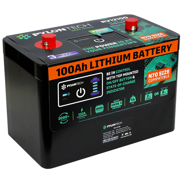 RV12100 - 12.8V 100Ah 1280Wh 4S4P LiFePO4 Battery + SoC Indicator + M6 Terminals (Max 2S OR 8P) + IP20 Rating Product Image