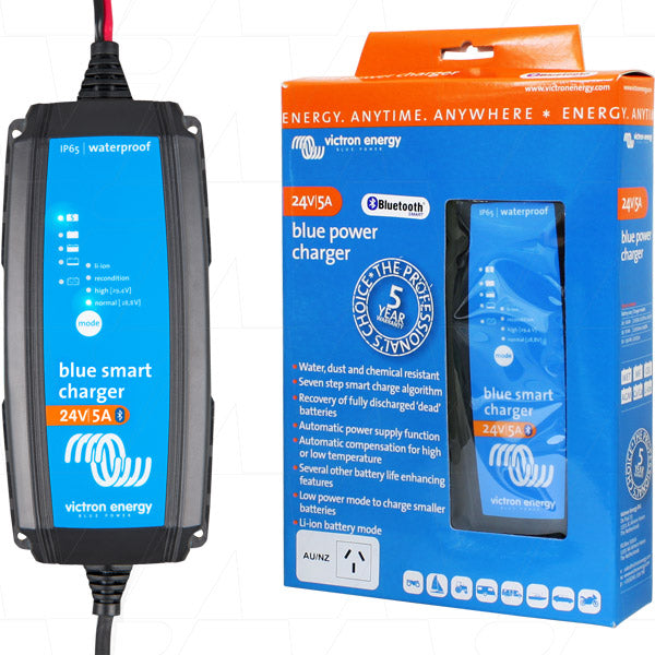 VECIP65-24/5 - Blue Smart IP65 SLA/LiFePO4 Charger 24V 5A + Alligator Clips & M8 Eyelets BPC240531014R (AU/NZ Plug) Product Image