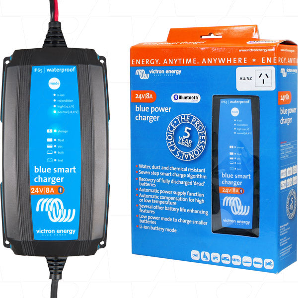 VECIP65-24/8 - Blue Smart IP65 SLA/LiFePO4 Charger 24V 8A + Alligator Clips & M8 Eyelets BPC240831014R (AU/NZ Plug) Product Image